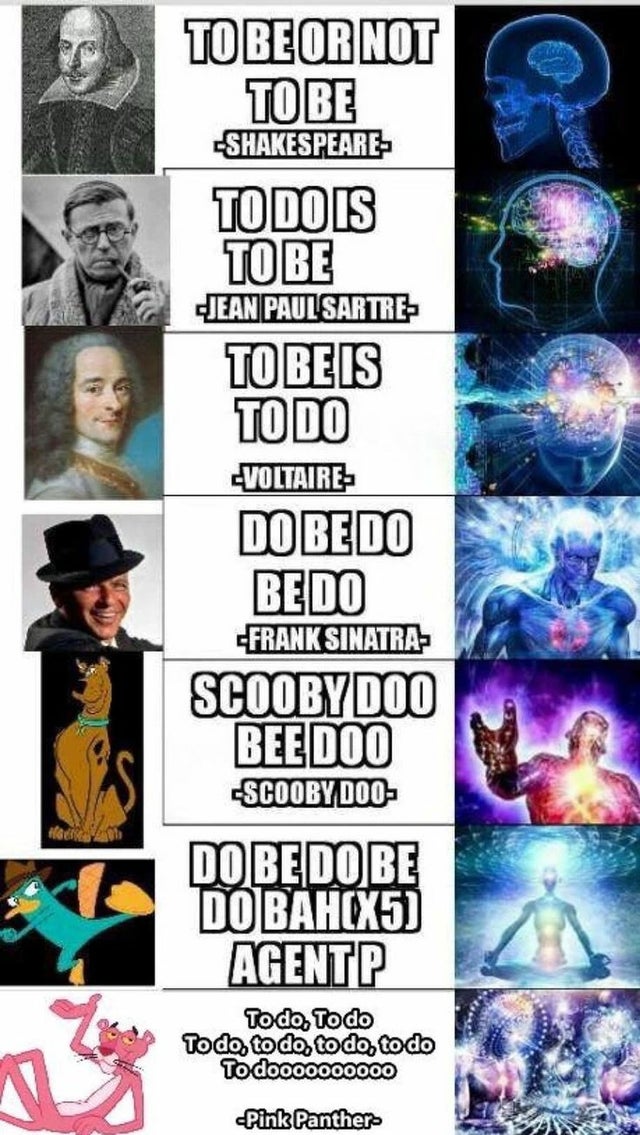 memes to be or not - To Be Or Not Tobe Shakespeare Todois To Be Jean Paul Sartre To Beis To Do Voltaire Dobedo Bedo Frank Sinatra Scooby Doo Bee Doo Scooby Doo Dobedobe DOBAHCX5 Agentp To do. Todo Todo, to do, todo, to do To doooooOOOOO Pink Panther