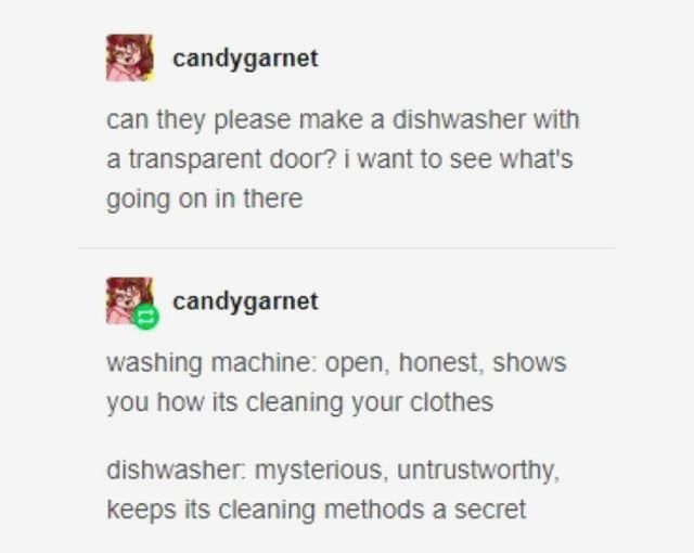 document - candygarnet can they please make a dishwasher with a transparent door? i want to see what's going on in there candygarnet washing machine open, honest, shows you how its cleaning your clothes dishwasher, mysterious, untrustworthy, keeps its cle