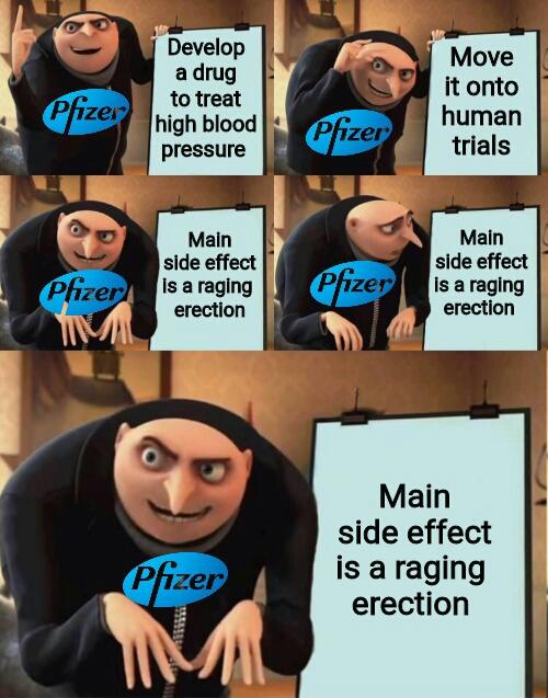 best gru memes - Pfizes Develop a drug to treat high blood pressure Move it onto human trials Pfizer Main side effect Pfizer is a raging erection Pfizer Main side effect is a raging erection Main side effect is a raging erection Pfizer