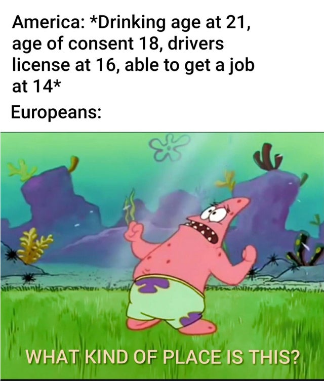 kind of place is this meme - America Drinking age at 21, age of consent 18, drivers license at 16, able to get a job at 14 Europeans What Kind Of Place Is This?