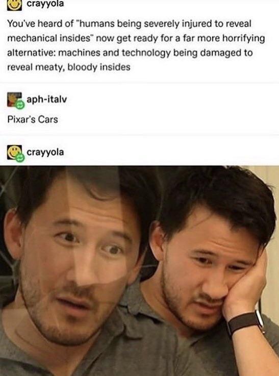 darkiplier reaction - crayyola You've heard of humans being severely injured to reveal mechanical insides now get ready for a far more horrifying alternative machines and technology being damaged to reveal meaty, bloody insides aphitalv Pixar's Cars crayy