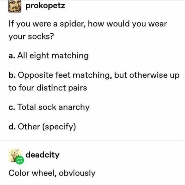 cotton eye joe meme - prokopetz If you were a spider, how would you wear your socks? a. All eight matching b. Opposite feet matching, but otherwise up to four distinct pairs c. Total sock anarchy d. Other specify deadcity Color wheel, obviously