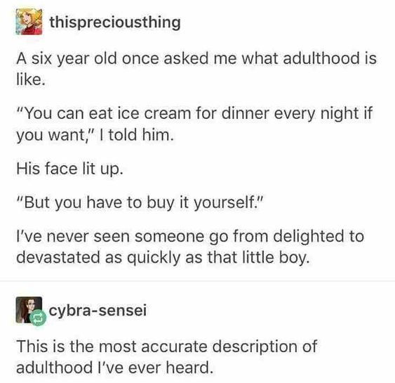 hilarious tumblr posts stories funny - thispreciousthing A six year old once asked me what adulthood is . You can eat ice cream for dinner every night if you want, I told him. His face lit up. But you have to buy it yourself. I've never seen someone go fr