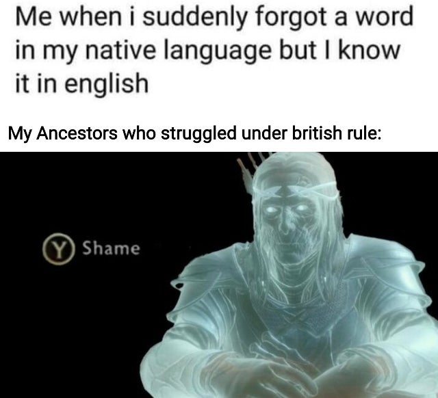 shame meme - Me when i suddenly forgot a word in my native language but I know it in english My Ancestors who struggled under british rule y Shame