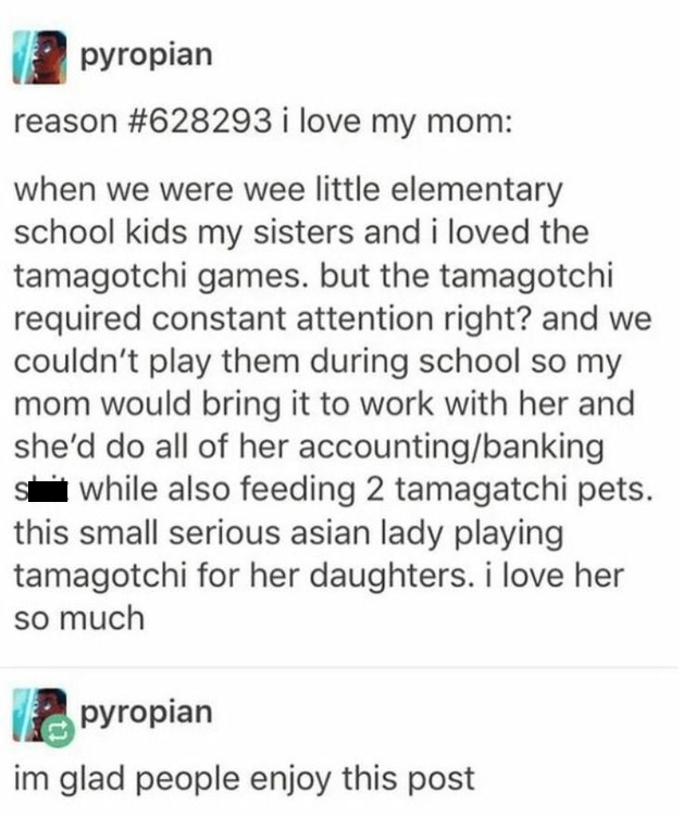 pyropian reason i love my mom when we were wee little elementary school kids my sisters and i loved the tamagotchi games, but the tamagotchi required constant attention right? and we couldn't play them during school so my mom would bring it to work with…