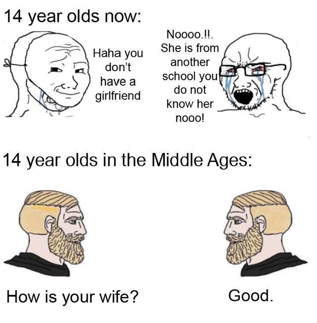 yes chad meme template - 14 year olds now Haha you don't have a girlfriend Noooo. Il She is from another school you do not know her nooo! 14 year olds in the Middle Ages How is your wife? Good.