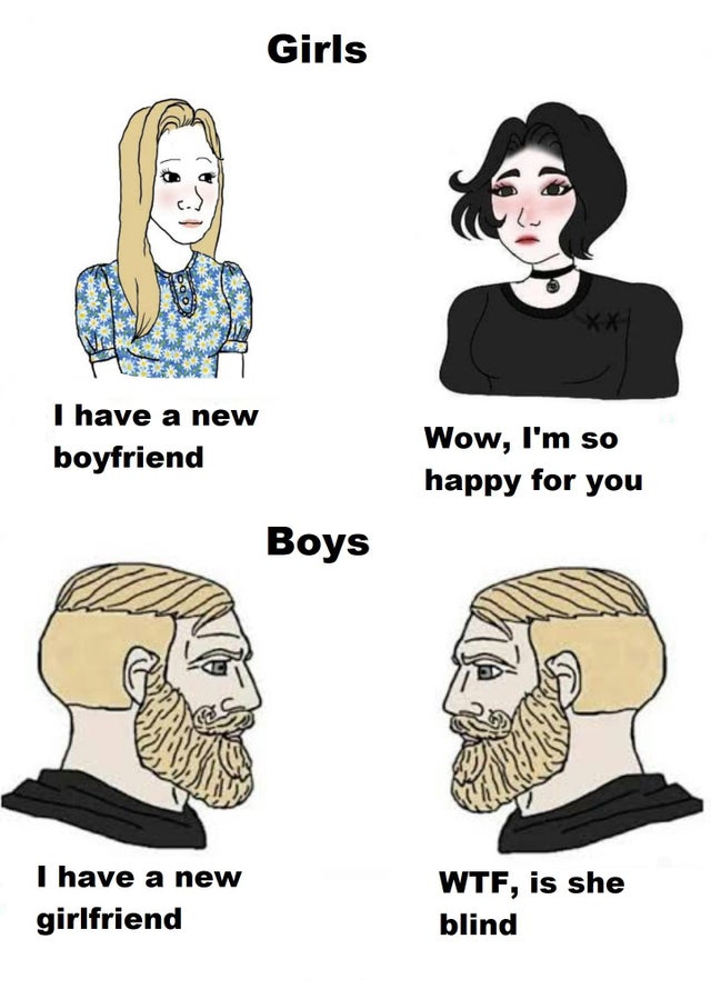 chad we know meme template - Girls I have a new boyfriend Wow, I'm so happy for you Boys I have a new girlfriend Wtf, is she blind