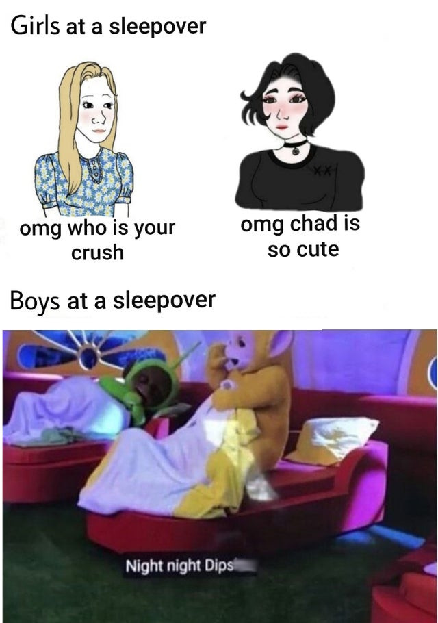 night night dipshit - Girls at a sleepover omg who is your crush omg chad is so cute Boys at a sleepover Night night Dips