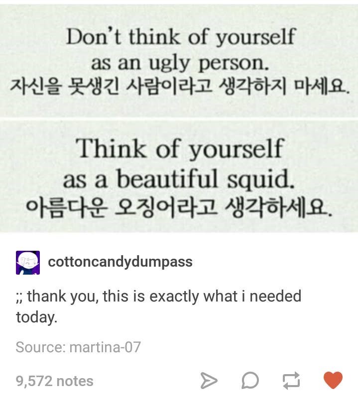number - Don't think of yourself as an ugly person. . Think of yourself as a beautiful squid. . cottoncandydumpass ; thank you, this is exactly what i needed today.. Source martina07 9,572 notes A