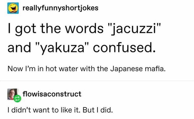 hot water with the japanese mafia - reallyfunnyshortjokes I got the words jacuzzi and yakuza confused. Now I'm in hot water with the Japanese mafia. flowisaconstruct I didn't want to it. But I did.