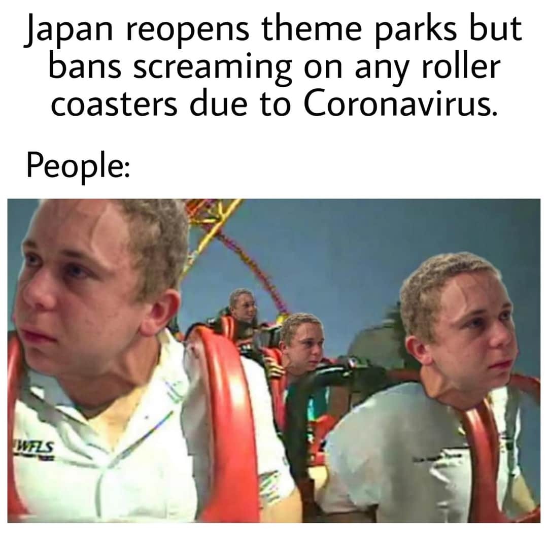 photo caption - Japan reopens theme parks but bans screaming on any roller coasters due to Coronavirus. People Wels