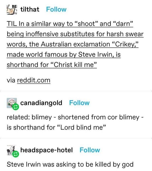 document - Re tilthat Til In a similar way to "shoot" and "darn being inoffensive substitutes for harsh swear words, the Australian exclamation Crikey," made world famous by Steve Irwin, is shorthand for "Christ kill me" via reddit.com canadiangold relate