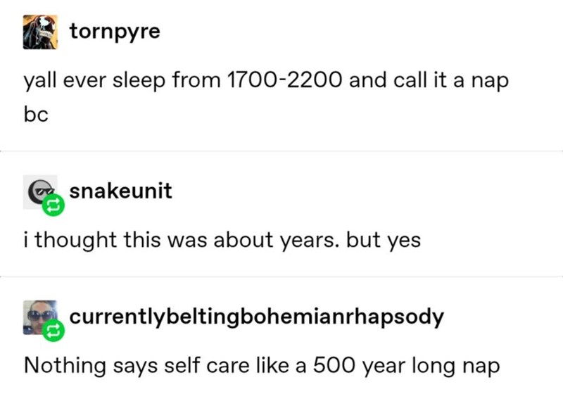 funny tumblr posts 2019 - tornpyre yall ever sleep from 17002200 and call it a nap bc snakeunit i thought this was about years, but yes currentlybeltingbohemianrhapsody Nothing says self care a 500 year long nap