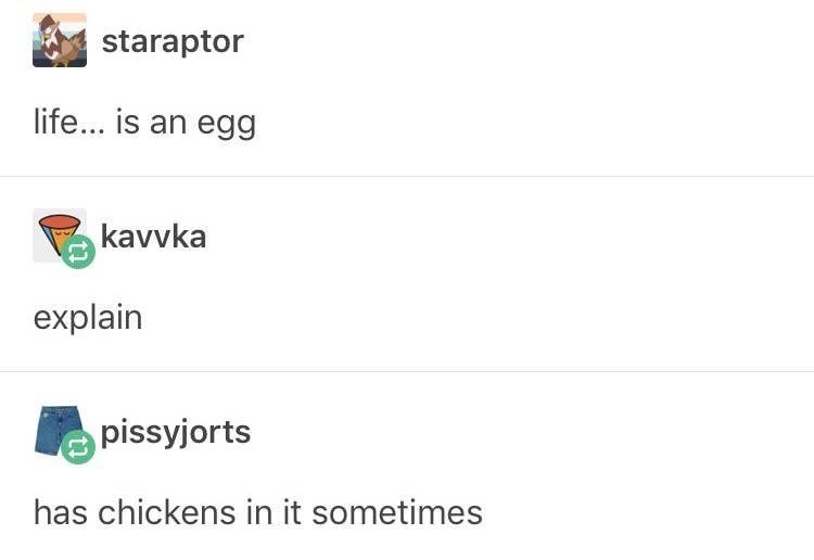 life...is an egg - explain - has chickens in it sometimes
