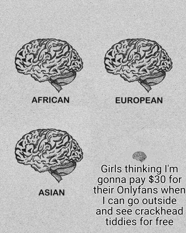 small brain meme template - African European Asian Girls thinking I'm gonna pay $30 for their Onlyfans when I can go outside and see crackhead tiddies for free