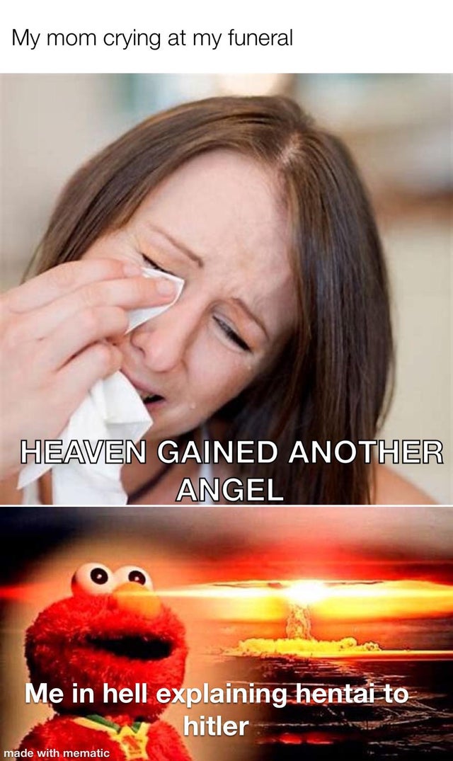 photo caption - My mom crying at my funeral Heaven Gained Another Angel Me in hell explaining hentai to hitler made with mematic