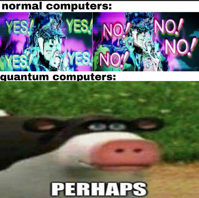 photo caption - normal computers Yesi Yes Not No! Yestas Yes. Noleg 12 No! quantum computers Perhaps