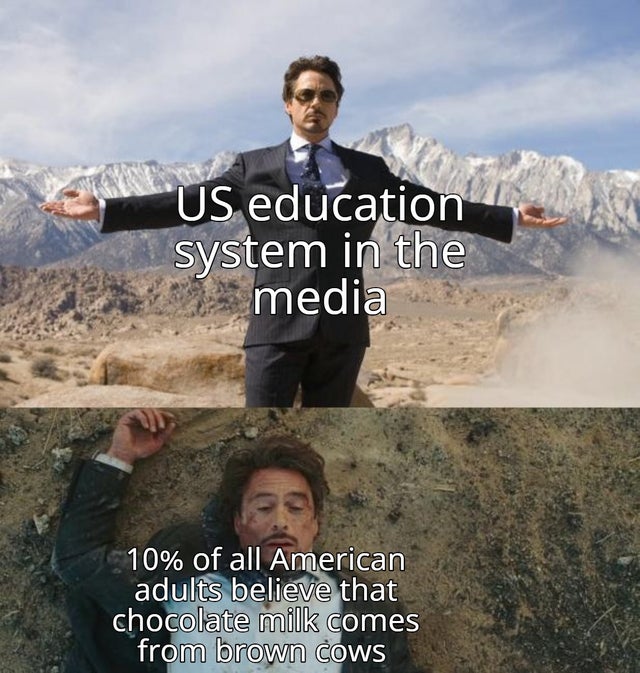robert downey jr iron man - Us education system in the media 10% of all American adults believe that chocolate milk comes from brown cows