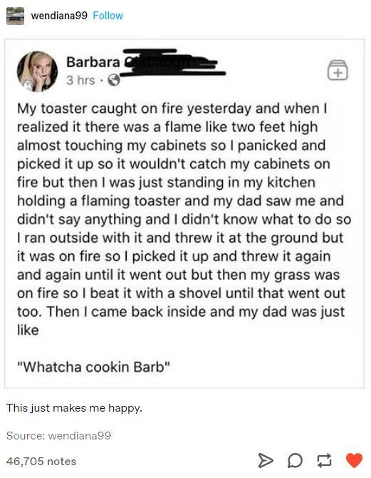 screenshot - wendiana99 I Barbara 3 hrs. My toaster caught on fire yesterday and when I realized it there was a flame two feet high almost touching my cabinets so I panicked and picked it up so it wouldn't catch my cabinets on fire but then I was just sta