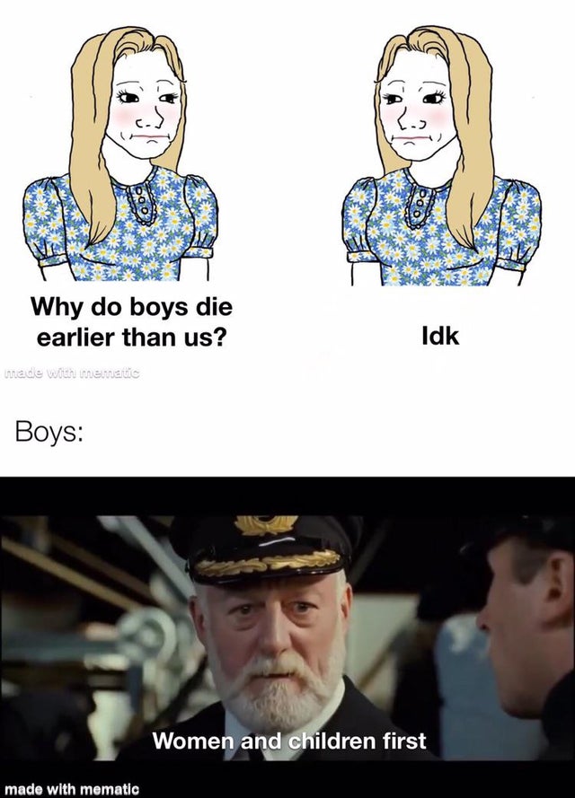 cartoon - s! Why do boys die earlier than us? Idk made with us mematic Boys Women and children first made with mematic