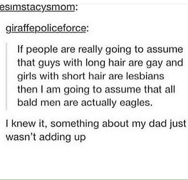 document - esimstacysmom giraffepoliceforce If people are really going to assume that guys with long hair are gay and girls with short hair are lesbians then I am going to assume that all bald men are actually eagles. I knew it, something about my dad jus