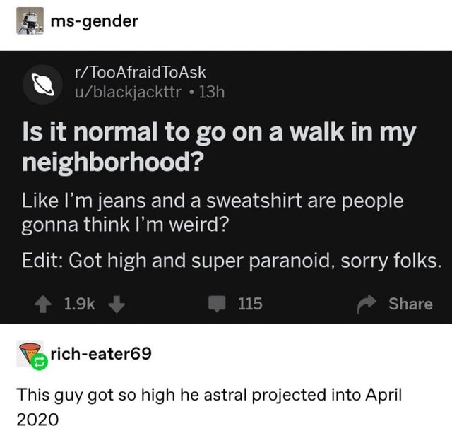 msgender rTooAfraidToAsk ublackjackttr 13h Is it normal to go on a walk in my neighborhood? I'm jeans and a sweatshirt are people gonna think I'm weird? Edit Got high and super paranoid, sorry folks. 115 richeater69 This guy got so high he astral projecte