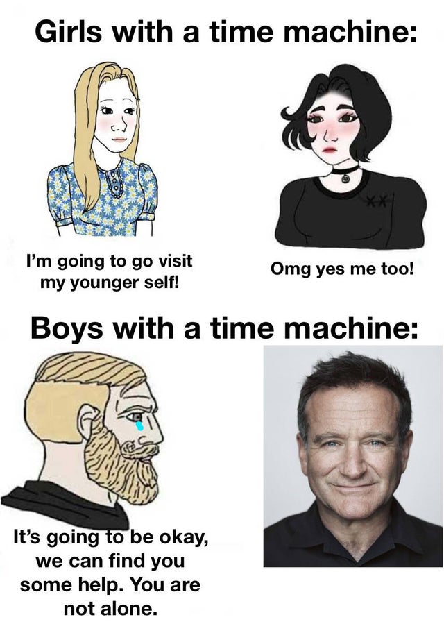 girls vs boys meme template 2020 - Girls with a time machine I'm going to go visit my younger self! Omg yes me too! Boys with a time machine It's going to be okay, we can find you some help. You are not alone.