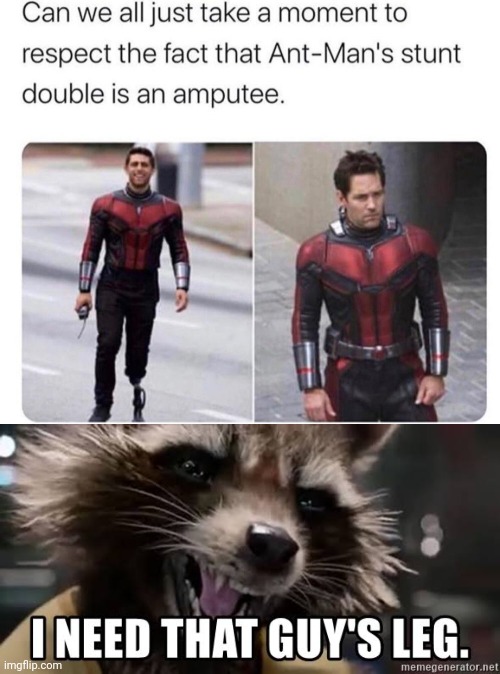 rocket raccoon with leg - Can we all just take a moment to respect the fact that AntMan's stunt double is an amputee. I Need That Guy'S Leg. imgflip.com memegenerator.net