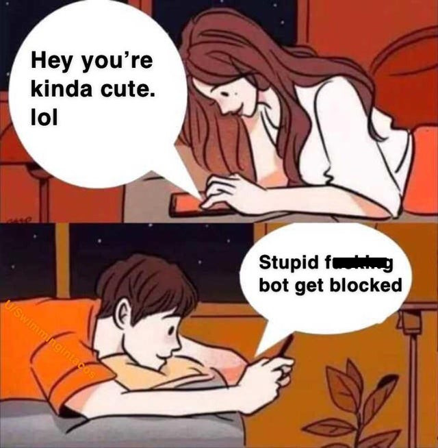 boy and girl texting meme template - Hey you're kinda cute. lol Stupid fing bot get blocked USwimmingintacos