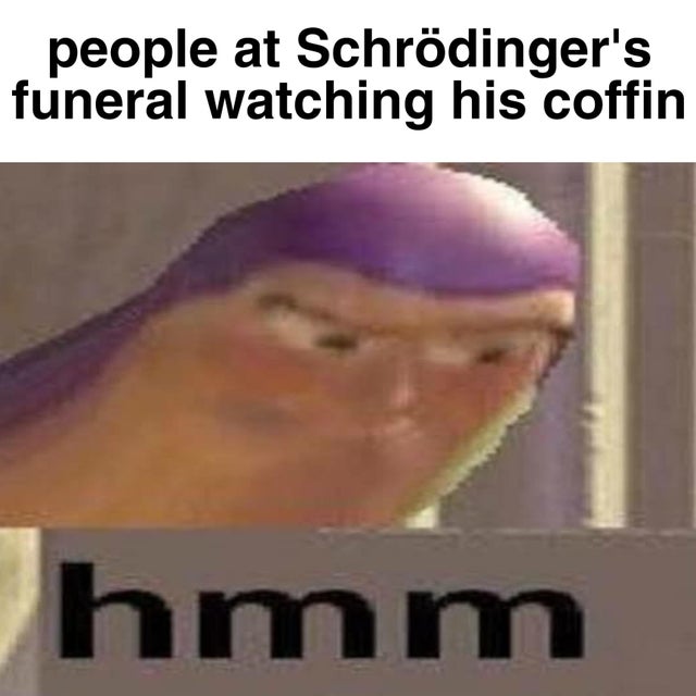 buzz lightyear meme hmmm - people at Schrdinger's funeral watching his coffin hmm