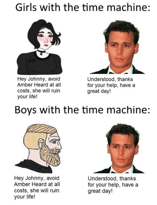 girls with a time machine meme - Girls with the time machine Hey Johnny, avoid Amber Heard at all costs, she will ruin Understood, thanks for your help, have a great day! your life! Boys with the time machine Hey Johnny, avoid Amber Heard at all costs, sh