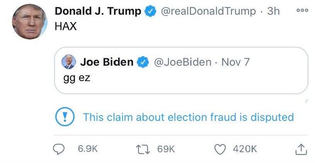 number - Trump 3h Ooo 3 Donald J. Trump Hax Biden . Nov 7 Joe Biden gg ez This claim about election fraud is disputed