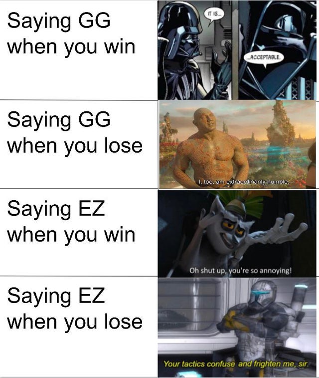 Internet meme - It Is.. Saying Gg when you win Acceptable Saying Gg when you lose I. too. am extraordinarily humble. Saying Ez when you win Oh shut up, you're so annoying! Saying Ez when you lose Your tactics confuse and frighten me, sir