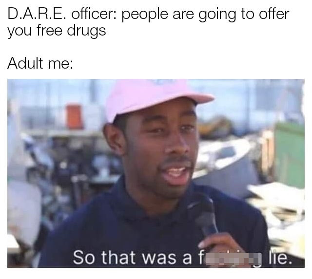 high school math teacher meme - D.A.R.E. officer people are going to offer you free drugs Adult me So that was a fi lie.