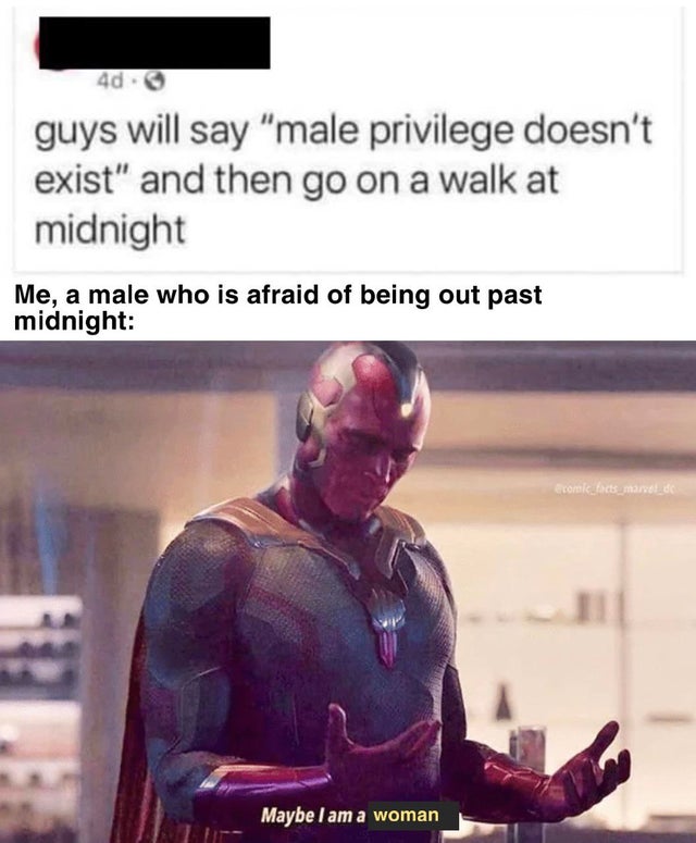 maybe i am a meme - 4d. guys will say "male privilege doesn't exist" and then go on a walk at midnight Me, a male who is afraid of being out past midnight ecomke_facts_marvel Maybe I am a woman