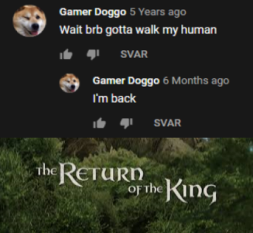 nature - Gamer Doggo 5 Years ago Wait brb gotta walk my human Svar Gamer Doggo 6 Months ago I'm back Svar The Return of the King