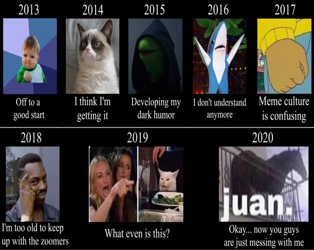 video - 2013 2014 2015 2016 2017 I think I'm Off to a good start Developing my I don't understand Meme culture dark humor anymore is confusing getting it 2018 2019 2020 juan. I'm too old to keep up with the zoomers What even is this? Okay... now you guys 