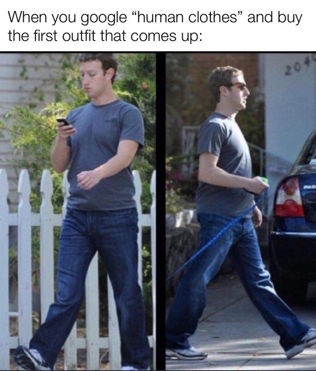 mark zuckerberg walking - When you google human clothes and buy the first outfit that comes up