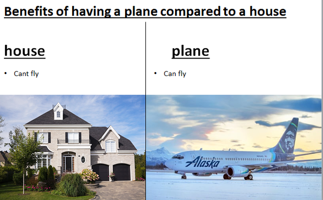 Airplane - Benefits of having a plane compared to a house house plane Cant fly Can fly I Alaska
