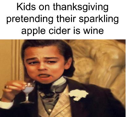 Internet meme - Kids on thanksgiving pretending their sparkling apple cider is wine