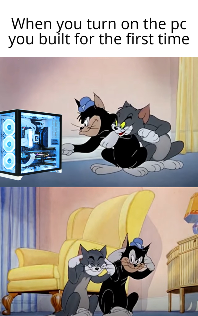 tom and black cat meme - When you turn on the pc you built for the first time