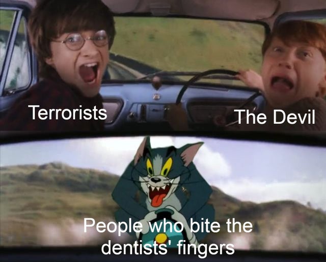 tom chasing harry potter meme - Terrorists The Devil People who bite the dentists' fingers