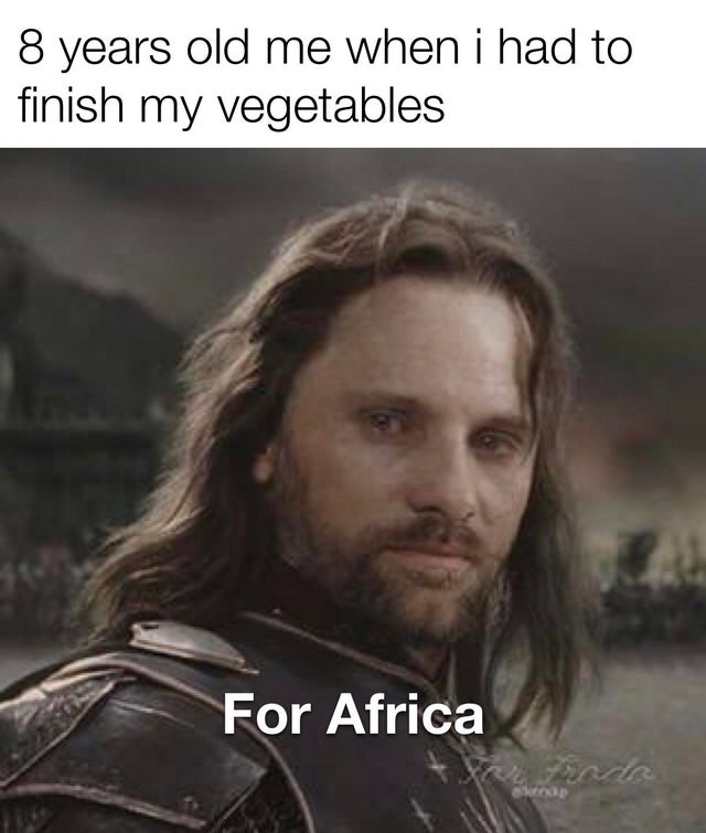 frodo meme - 8 years old me when i had to finish my vegetables For Africa food Skoop