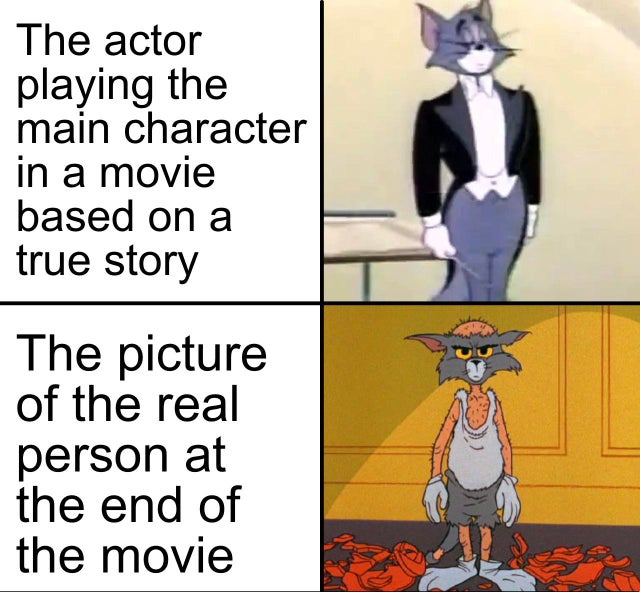 cartoon - The actor playing the main character in a movie based on a true story The picture of the real person at the end of the movie