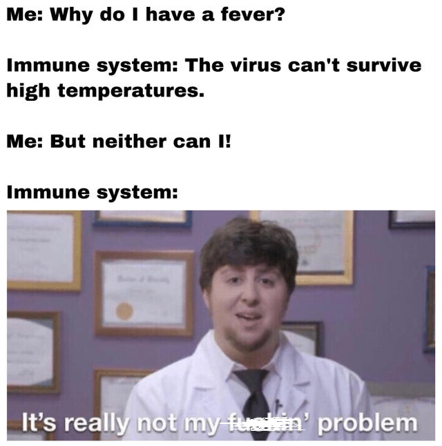school makes me meme - Me Why do I have a fever? Immune system The virus can't survive high temperatures. Me But neither can I! Immune system It's really not my fuel problem