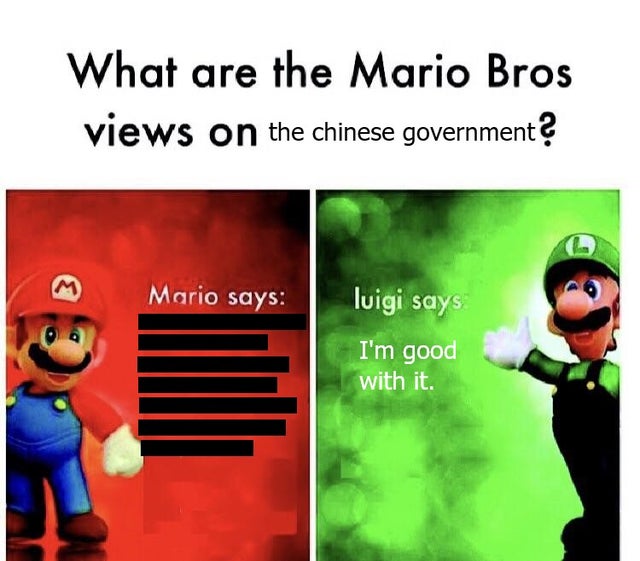 mario bros views - What are the Mario Bros views on the chinese government? M Mario says luigi says I'm good with it.