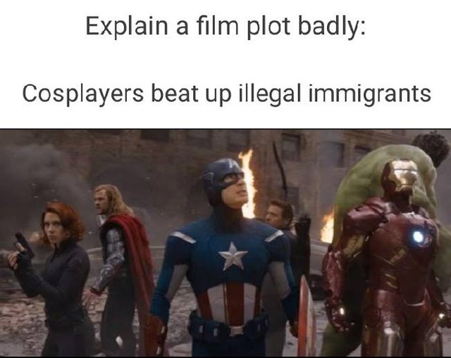 tobey joins the avengers - Explain a film plot bady Cosplayers beat up illegal immigrants