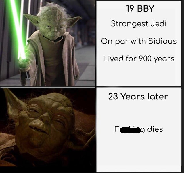 darth yoda - 19 Bby Strongest Jedi On par with Sidious Lived for 900 years 23 Years later F dies