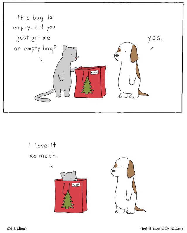 liz climo cat - this bag is empty. did you just get me an empty bag? yes. am re I love it So much te cet liz climo thelittleworldofliz.com