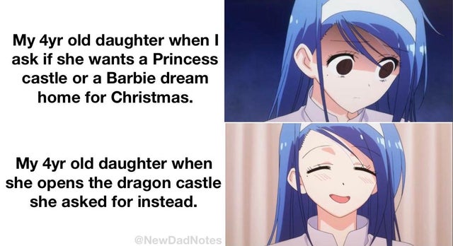 cartoon - My 4yr old daughter when I ask if she wants a Princess castle or a Barbie dream home for Christmas. My 4yr old daughter when she opens the dragon castle she asked for instead. Notes